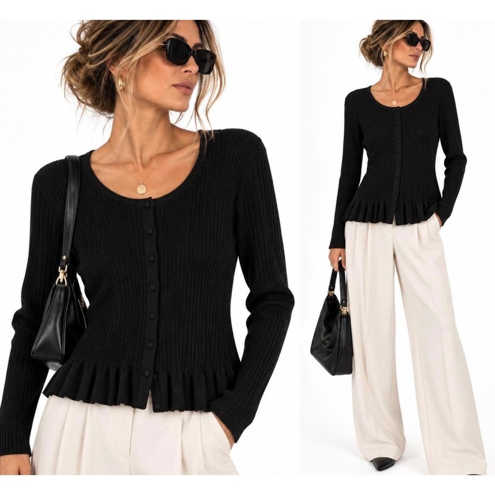 Cabi Ruffle Hem Black Ribbed Cotton Cardigan Size Large